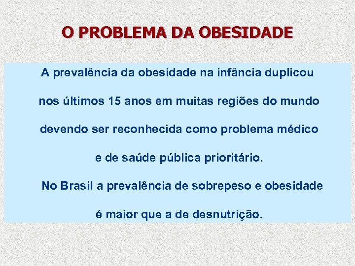 O PROBLEMA DA OBESIDADE A prevalência da obesidade na infância duplicou nos últimos 15