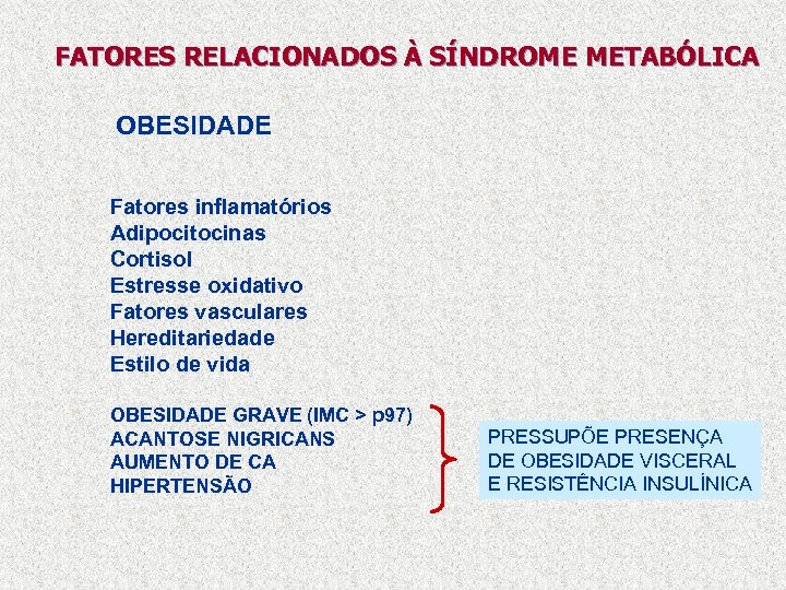 FATORES RELACIONADOS À SÍNDROME METABÓLICA OBESIDADE Fatores inflamatórios Adipocitocinas Cortisol Estresse oxidativo Fatores vasculares