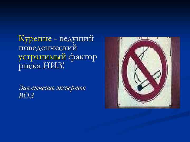 Курение - ведущий поведенческий устранимый фактор риска НИЗ! Заключение экспертов ВОЗ 