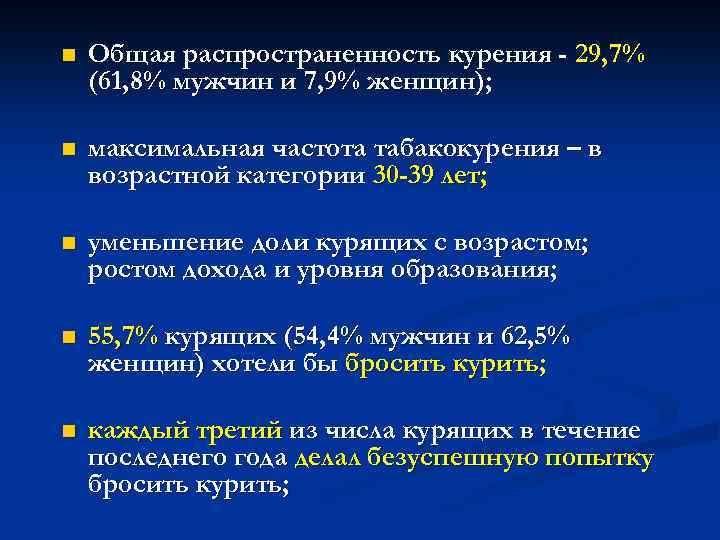 n Общая распространенность курения - 29, 7% (61, 8% мужчин и 7, 9% женщин);