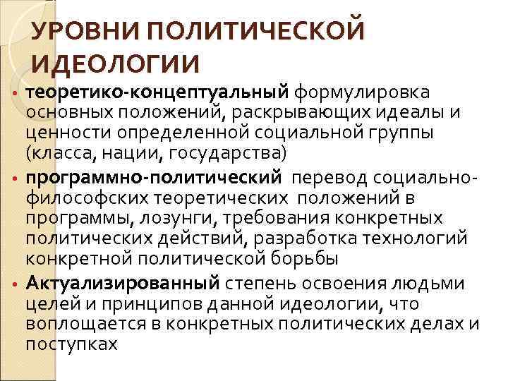 УРОВНИ ПОЛИТИЧЕСКОЙ ИДЕОЛОГИИ теоретико-концептуальный формулировка основных положений, раскрывающих идеалы и ценности определенной социальной группы