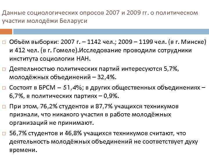 Данные социологических опросов 2007 и 2009 гг. о политическом участии молодёжи Беларуси Объём выборки: