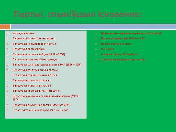 Партыі, спыніўшыя існаванне: народная партыя Нацыянальна-дэмакратычная партыя беларусаў Беларуская нацыянальная партыя Партыя аматараў піва