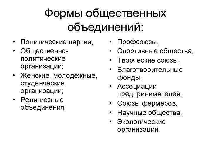 Формы общественных объединений: • Политические партии; • Общественнополитические организации; • Женские, молодёжные, студенческие организации;