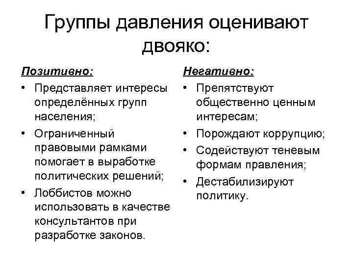 Группы давления оценивают двояко: Позитивно: • Представляет интересы определённых групп населения; • Ограниченный правовыми