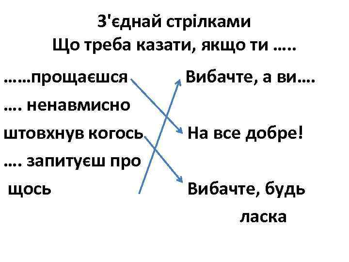 З'єднай стрілками Що треба казати, якщо ти …. . ……прощаєшся Вибачте, а ви…. ….