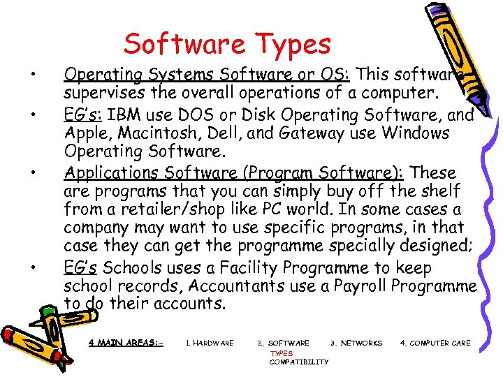  • • Software Types Operating Systems Software or OS: This software supervises the