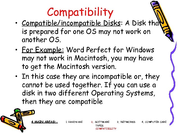 Compatibility • Compatible/incompatible Disks: A Disk that is prepared for one OS may not