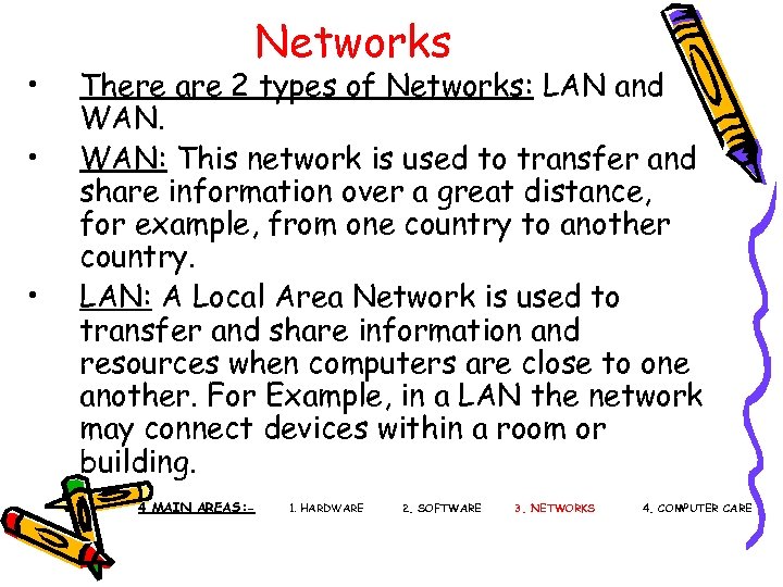  • • • Networks There are 2 types of Networks: LAN and WAN: