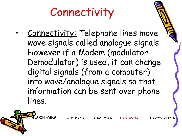 Connectivity • Connectivity: Telephone lines move wave signals called analogue signals. However if a