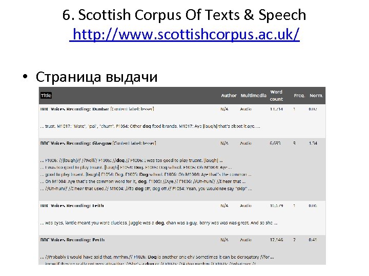 6. Scottish Corpus Of Texts & Speech http: //www. scottishcorpus. ac. uk/ • Страница