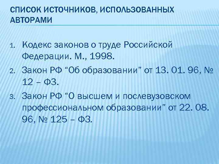 СПИСОК ИСТОЧНИКОВ, ИСПОЛЬЗОВАННЫХ АВТОРАМИ 1. 2. 3. Кодекс законов о труде Российской Федерации. М.