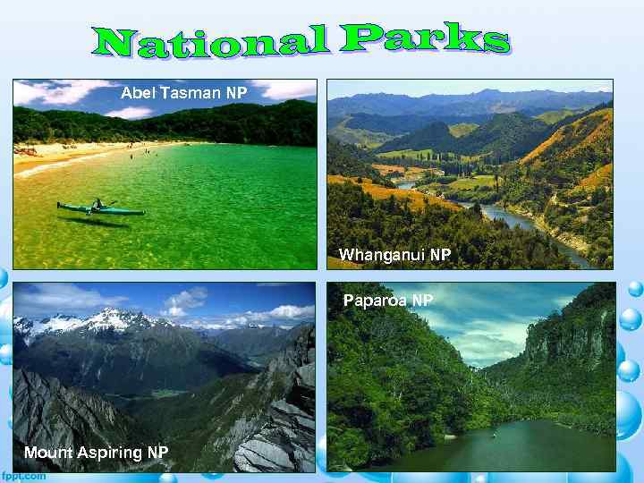 Abel Tasman NP Whanganui NP Paparoa NP Mount Aspiring NP 