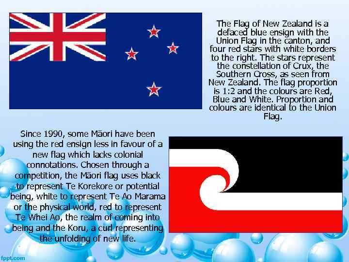 The Flag of New Zealand is a defaced blue ensign with the Union Flag