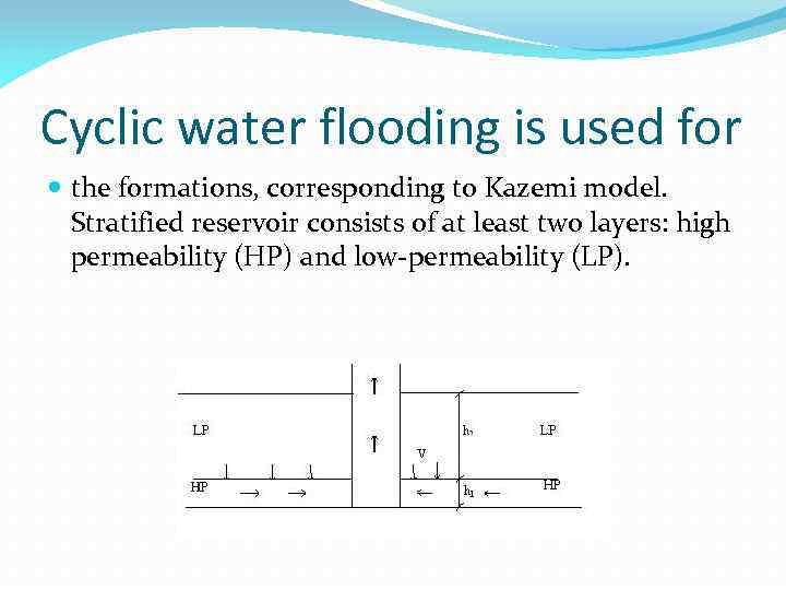 Cyclic water flooding is used for the formations, corresponding to Kazemi model. Stratified reservoir