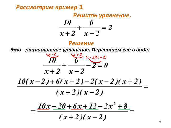 Рассмотрим пример 3. Решить уравнение. Решение Это - рациональное уравнение. Перепишем его в виде: