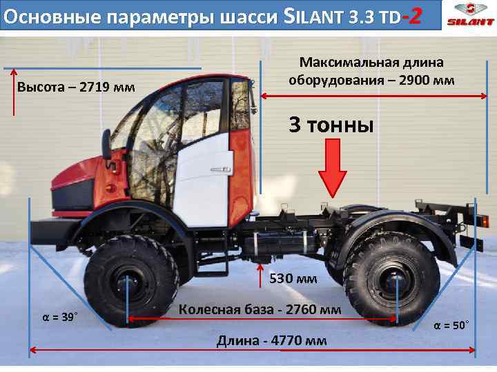 Основные параметры шасси SILANT 3. 3 TD-2 Высота – 2719 мм Максимальная длина оборудования