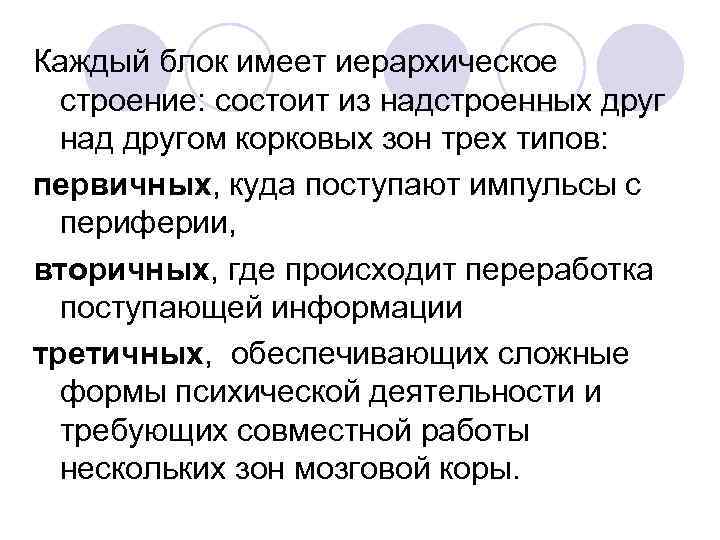 Каждый блок имеет иерархическое строение: состоит из надстроенных друг над другом корковых зон трех