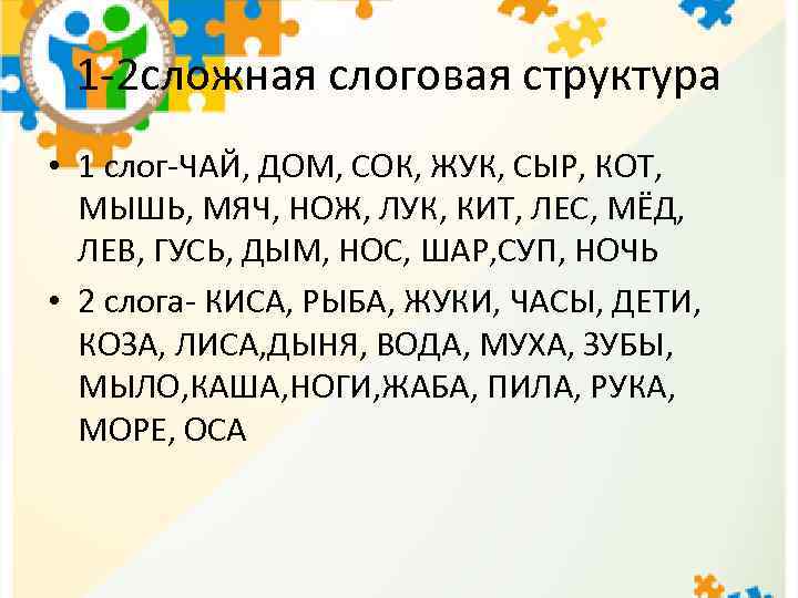 1 -2 сложная слоговая структура • 1 слог-ЧАЙ, ДОМ, СОК, ЖУК, СЫР, КОТ, МЫШЬ,