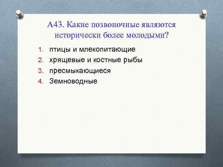 А 43. Какие позвоночные являются исторически более молодыми? 1. птицы и млекопитающие 2. хрящевые