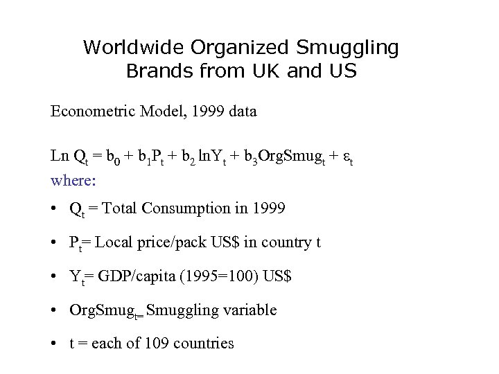 Worldwide Organized Smuggling Brands from UK and US Econometric Model, 1999 data Ln Qt