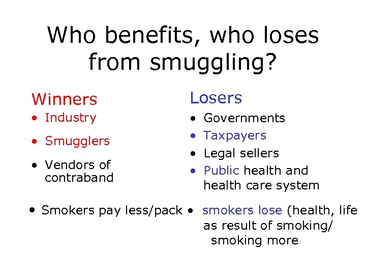 Who benefits, who loses from smuggling? Winners Losers • Industry • • • Smugglers