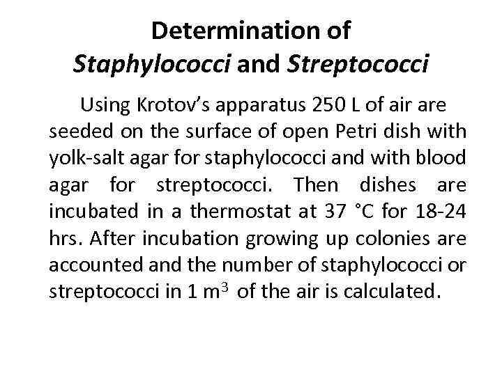 Determination of Staphylococci and Streptococci Using Krotov’s apparatus 250 L of air are seeded