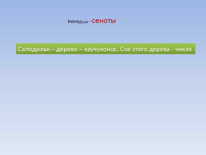 Колодцы сеноты Саподилья – дерево – каучуконос. Сок этого дерева чикле 