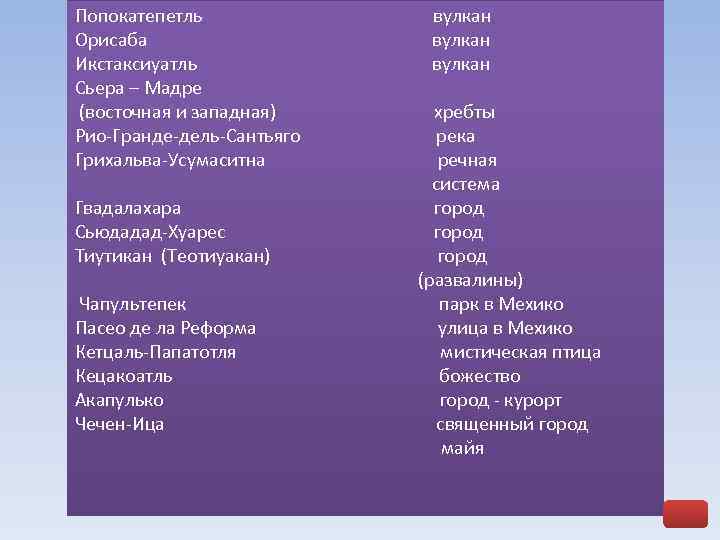 Попокатепетль вулкан Орисаба вулкан Икстаксиуатль вулкан Сьера – Мадре (восточная и западная) хребты Рио
