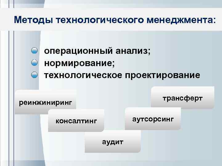 Методы технологического менеджмента: операционный анализ; нормирование; технологическое проектирование трансферт реинжиниринг аутсорсинг консалтинг аудит 