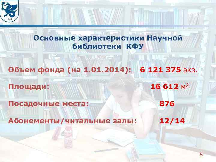 Основные характеристики Научной библиотеки КФУ Объем фонда (на 1. 01. 2014): 6 121 375