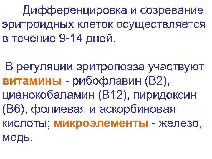Дифференцировка и созревание эритроидных клеток осуществляется в течение 9 -14 дней. В регуляции эритропоэза