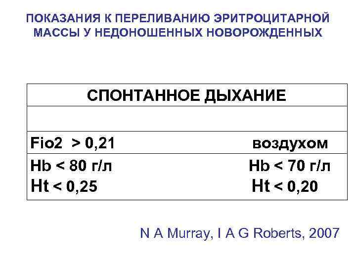ПОКАЗАНИЯ К ПЕРЕЛИВАНИЮ ЭРИТРОЦИТАРНОЙ МАССЫ У НЕДОНОШЕННЫХ НОВОРОЖДЕННЫХ СПОНТАННОЕ ДЫХАНИЕ Fio 2 > 0,