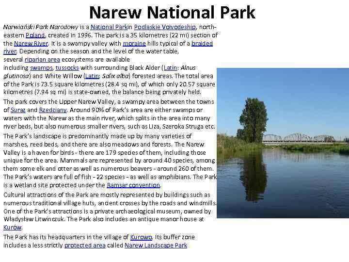 Narew National Park Narwiański Park Narodowy is a National Parkin Podlaskie Voivodeship, northeastern Poland,