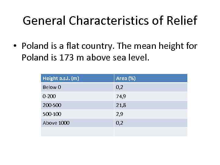 General Characteristics of Relief • Poland is a flat country. The mean height for