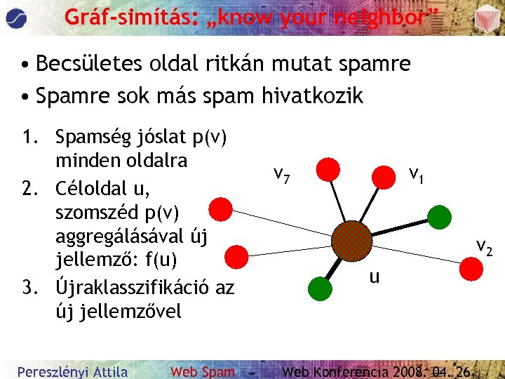 Gráf-simítás: „know your neighbor” • Becsületes oldal ritkán mutat spamre • Spamre sok más