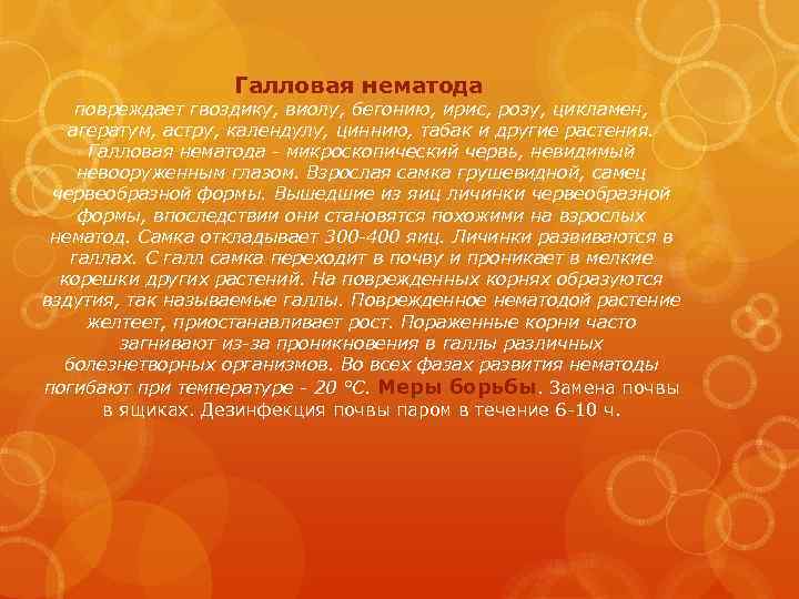 Галловая нематода повреждает гвоздику, виолу, бегонию, ирис, розу, цикламен, агератум, астру, календулу, циннию, табак