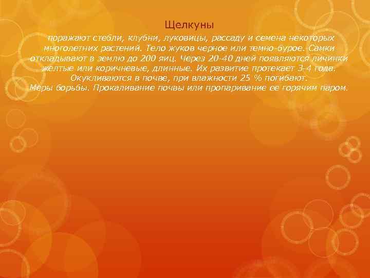 Щелкуны поражают стебли, клубни, луковицы, рассаду и семена некоторых многолетних растений. Тело жуков черное