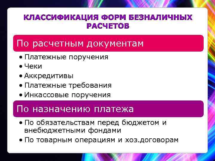 По расчетным документам • Платежные поручения • Чеки • Аккредитивы • Платежные требования •