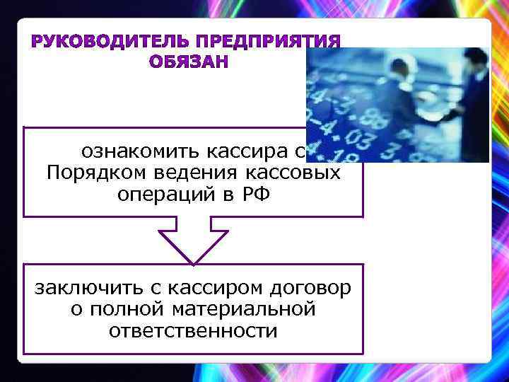 ознакомить кассира с Порядком ведения кассовых операций в РФ заключить с кассиром договор о