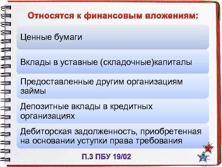 Относятся к финансовым вложениям: Ценные бумаги Вклады в уставные (складочные)капиталы Предоставленные другим организациям займы