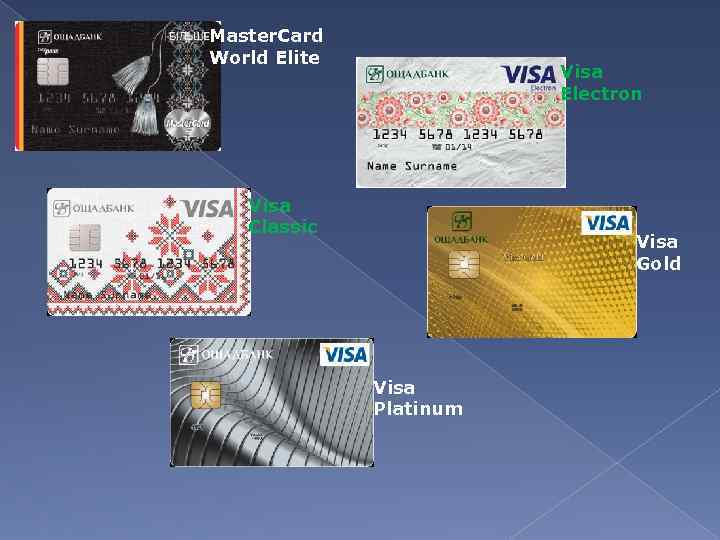 Master. Card World Elite Visa Electron Visa Classic Visa Gold Visa Platinum 