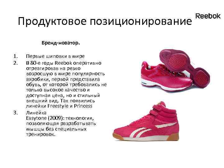  Продуктовое позиционирование Бренд-новатор. 1. 2. 3. Первые шиповки в мире В 80 -е