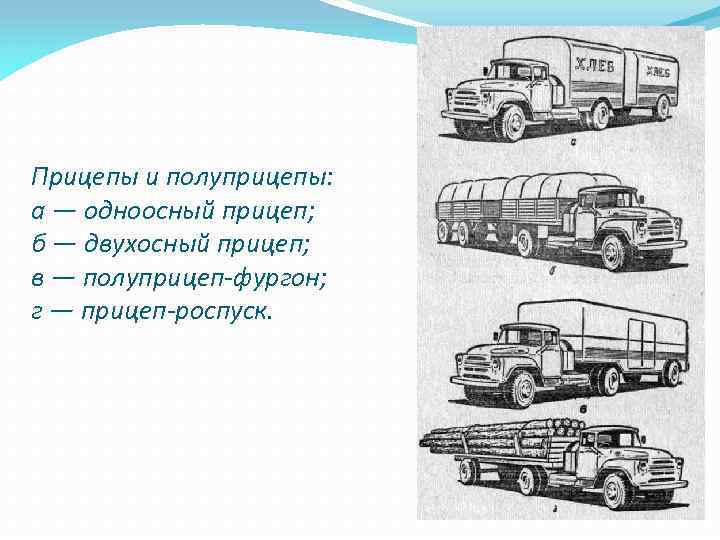 Прицепы и полуприцепы: а — одноосный прицеп; б — двухосный прицеп; в — полуприцеп-фургон;