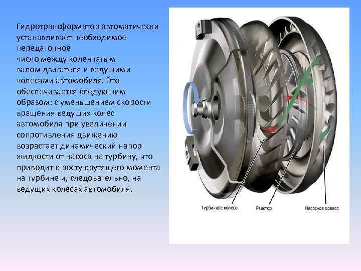 Гидротрансформатор автоматически устанавливает необходимое передаточное число между коленчатым валом двигателя и ведущими колесами автомобиля.