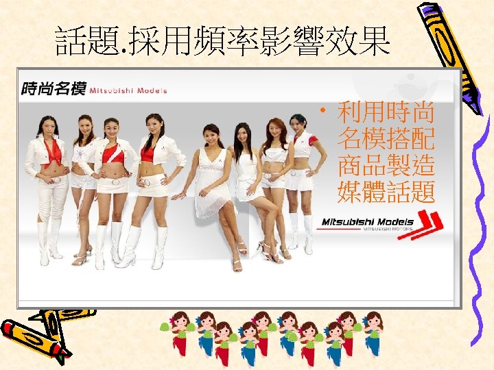 話題. 採用頻率影響效果 • 利用時尚 名模搭配 商品製造 媒體話題 