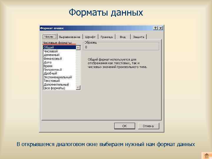 Форматы данных В открывшемся диалоговом окне выбираем нужный нам формат данных 