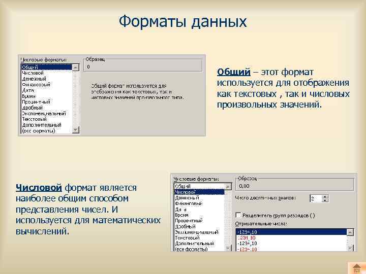 Форматы данных Общий – этот формат используется для отображения как текстовых , так и