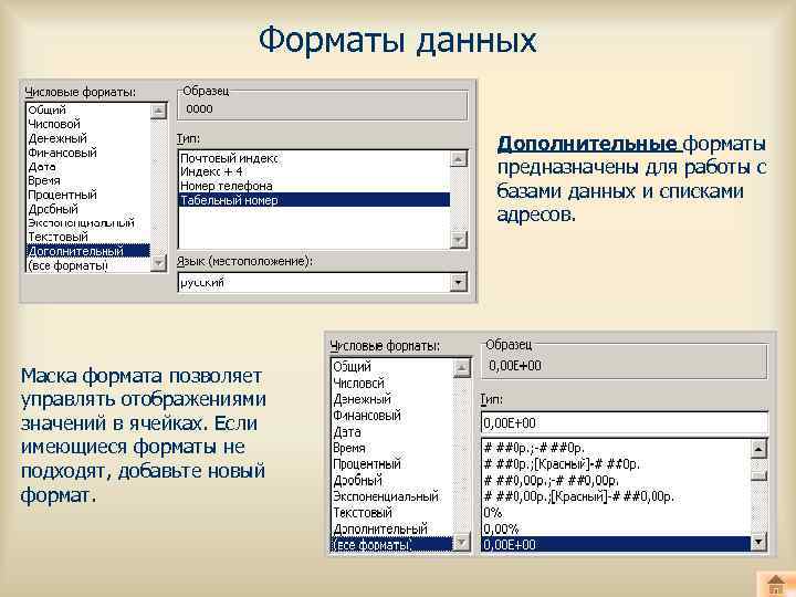 Форматы данных Дополнительные форматы предназначены для работы с базами данных и списками адресов. Маска