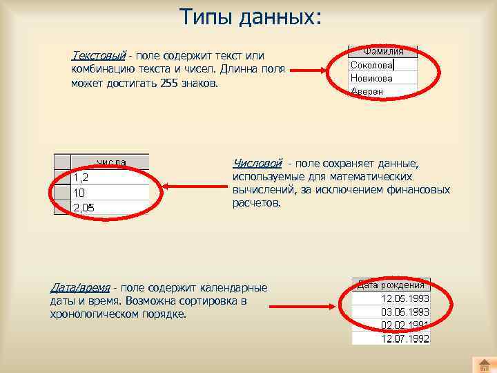 Типы данных: Текстовый - поле содержит текст или комбинацию текста и чисел. Длинна поля